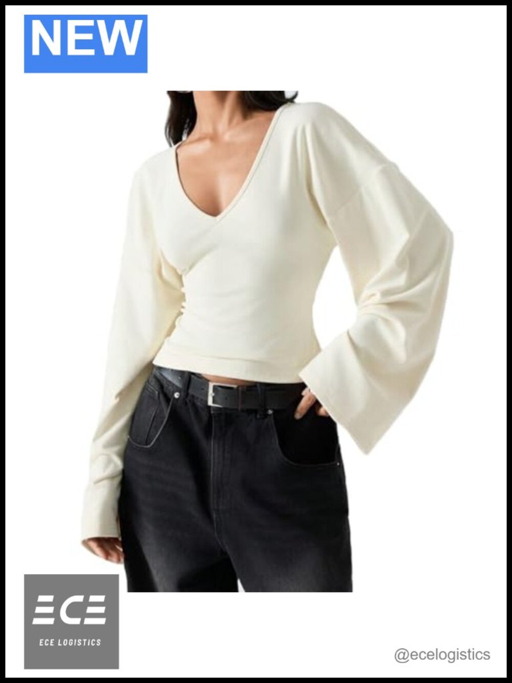 Women's V Neck Ruched Bell Sleeve Pullover Top Slim Fit Blouse